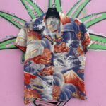 100% SILK MT. FUJI & DRAGON PRINT SHORT SLEEVE BUTTON DOWN LADIES HAWAIIAN SHIRT