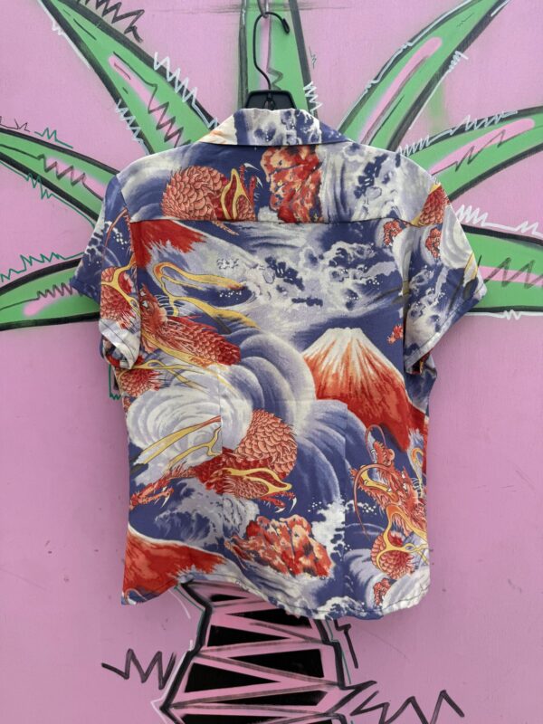 100% SILK MT. FUJI & DRAGON PRINT SHORT SLEEVE BUTTON DOWN LADIES HAWAIIAN SHIRT