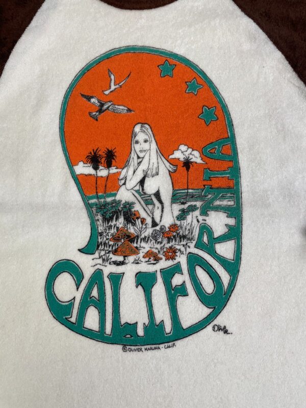 EARLY Y2K DEADSTOCK! CALIFORNIA MUSHROOM GIRL TERRY CLOTH RAGLAN TEE