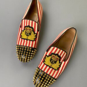 Photo detail:*AS IS* CHRISTIAN LOUBOUTIN EMBROIDERED CREST STUDDED STRIPED CANVAS NAUTICAL LOAFER SHOES