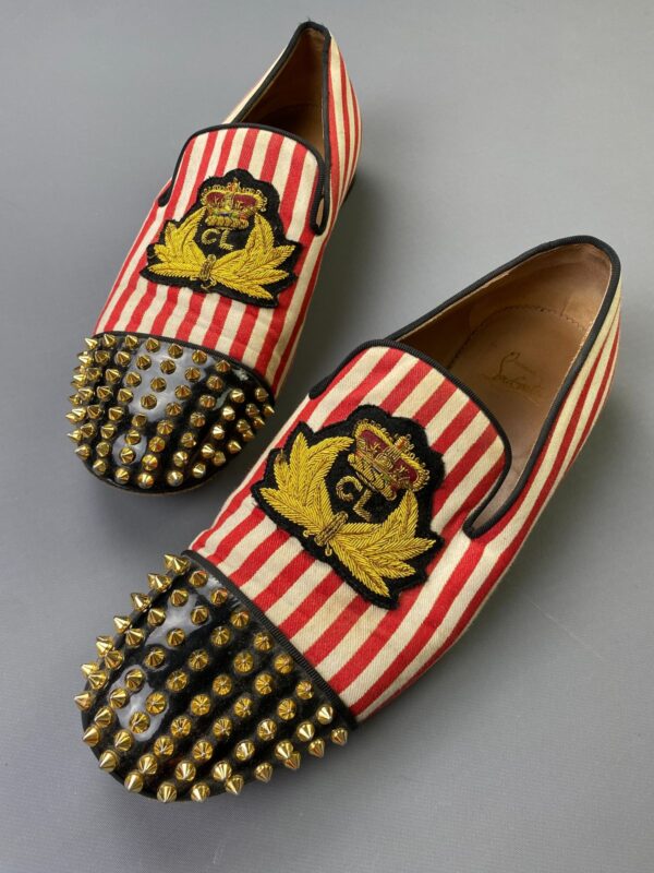 *AS IS* CHRISTIAN LOUBOUTIN EMBROIDERED CREST STUDDED STRIPED CANVAS NAUTICAL LOAFER SHOES