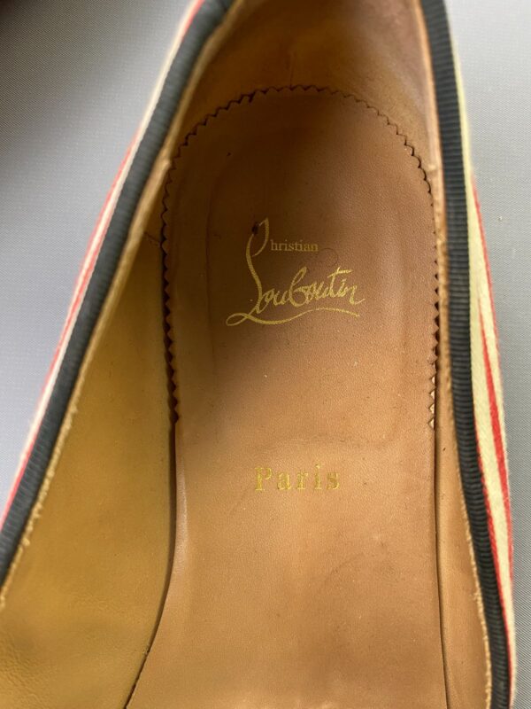 *AS IS* CHRISTIAN LOUBOUTIN EMBROIDERED CREST STUDDED STRIPED CANVAS NAUTICAL LOAFER SHOES