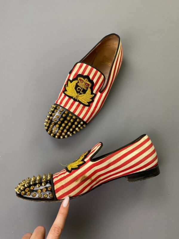 *AS IS* CHRISTIAN LOUBOUTIN EMBROIDERED CREST STUDDED STRIPED CANVAS NAUTICAL LOAFER SHOES