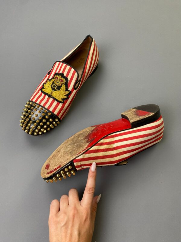 *AS IS* CHRISTIAN LOUBOUTIN EMBROIDERED CREST STUDDED STRIPED CANVAS NAUTICAL LOAFER SHOES