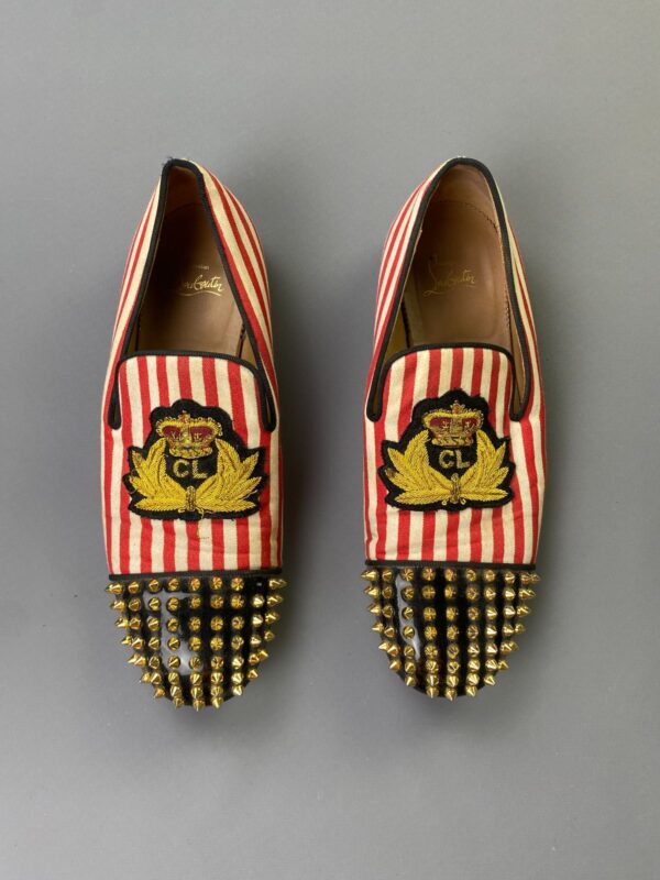 *AS IS* CHRISTIAN LOUBOUTIN EMBROIDERED CREST STUDDED STRIPED CANVAS NAUTICAL LOAFER SHOES