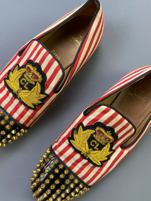 *AS IS* CHRISTIAN LOUBOUTIN EMBROIDERED CREST STUDDED STRIPED CANVAS NAUTICAL LOAFER SHOES