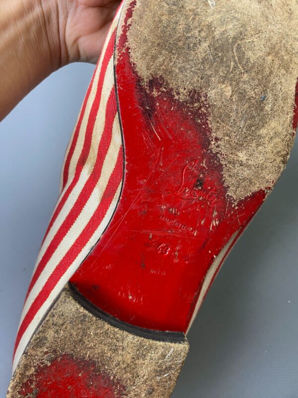 *AS IS* CHRISTIAN LOUBOUTIN EMBROIDERED CREST STUDDED STRIPED CANVAS NAUTICAL LOAFER SHOES
