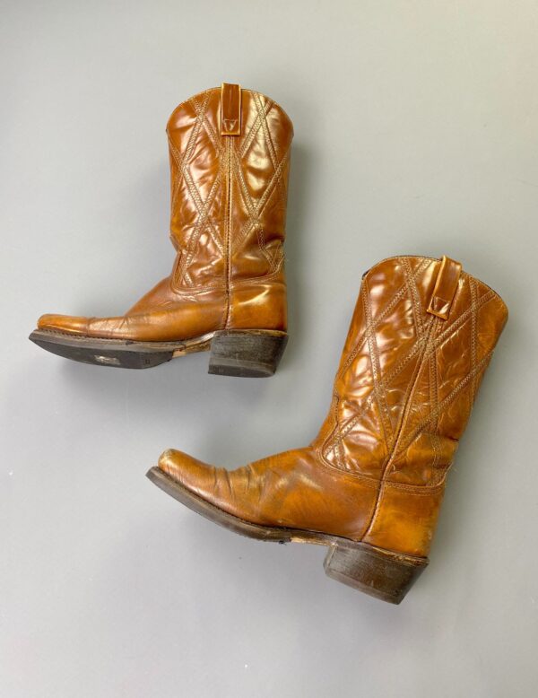 COOL! *AS IS* SQUARE TOE DIAMOND STITCH SHAFT POLISHED LEATHER WESTERN RANCHER BOOTS
