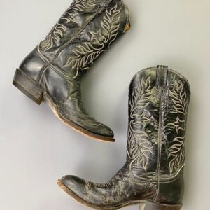 Photo detail:*AS-IS* DISTRESSED CRACKED LEATHER ALMOND TOE COWBOY BOOTS DECORATIVE CONTRAST STITCHED DESIGN