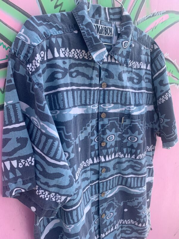 1990S 100% COTTON HAWAIIAN SHADES OF BLUE RAMIE BLEND SHORT SLEEVE BUTTON UP SHIRT