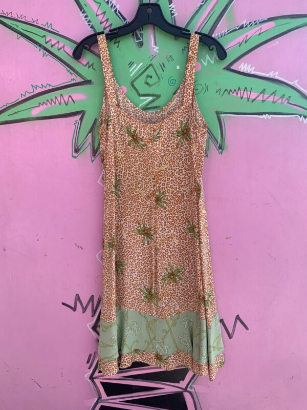 CUTE! 1990S LEOPARD & PALM PRINT SLEEVELESS RAYON CREPE DRESS