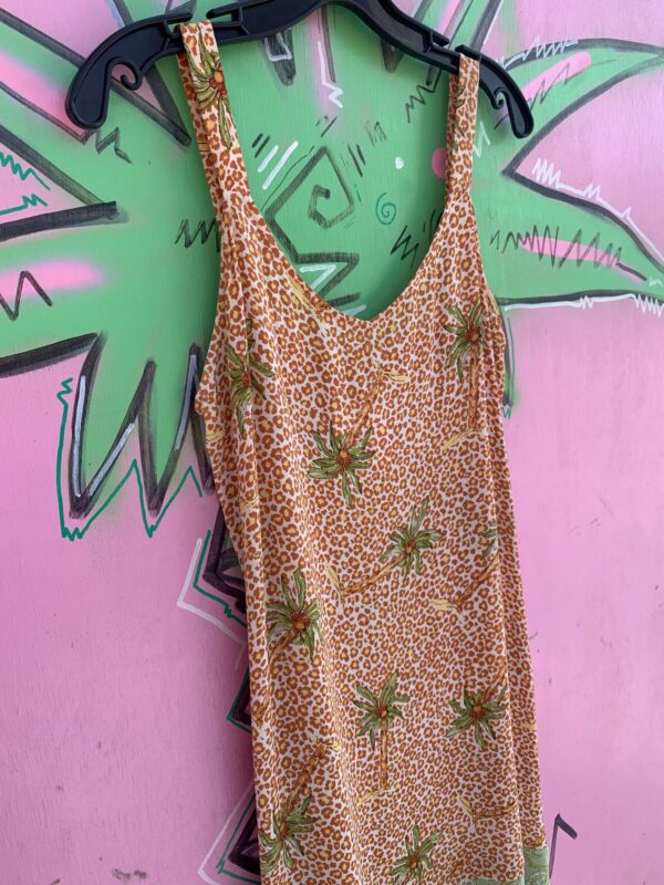 CUTE! 1990S LEOPARD & PALM PRINT SLEEVELESS RAYON CREPE DRESS