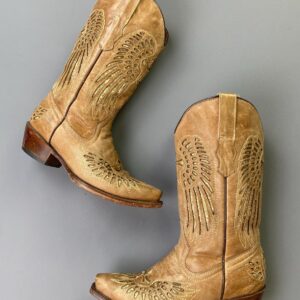 Photo detail:MADE IN MEXICO Y2K ANGEL WINGS & CROSS CUT-OUT & INLAY DESIGN, LEATHER COWBOY BOOTS