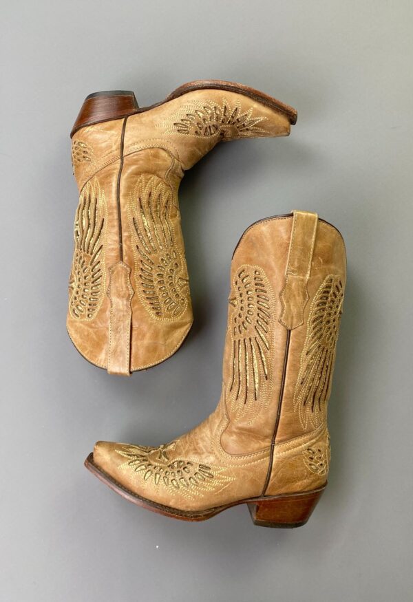 MADE IN MEXICO Y2K ANGEL WINGS & CROSS CUT-OUT & INLAY DESIGN, LEATHER COWBOY BOOTS