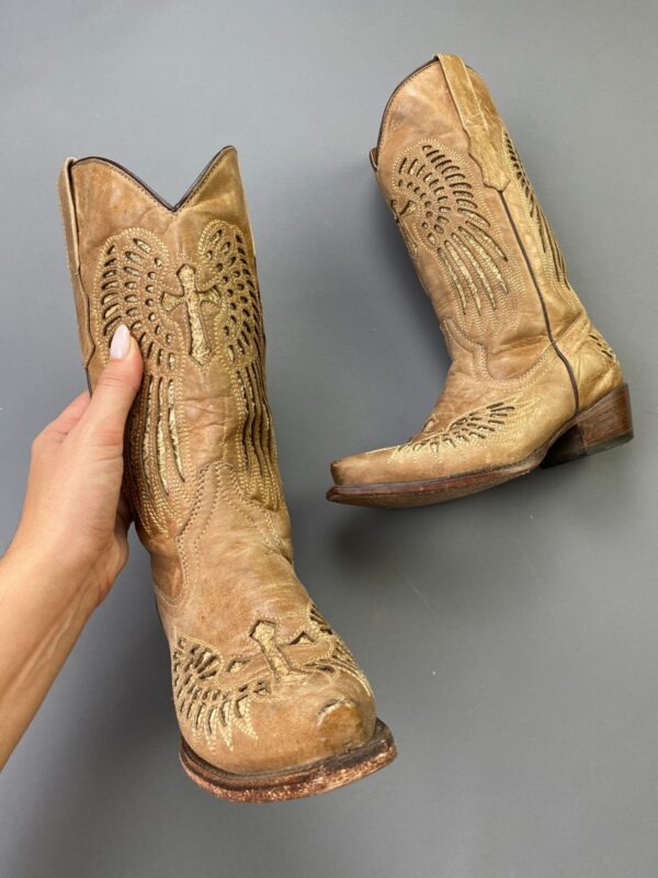 MADE IN MEXICO Y2K ANGEL WINGS & CROSS CUT-OUT & INLAY DESIGN, LEATHER COWBOY BOOTS