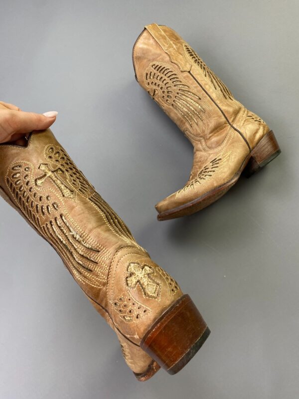 MADE IN MEXICO Y2K ANGEL WINGS & CROSS CUT-OUT & INLAY DESIGN, LEATHER COWBOY BOOTS