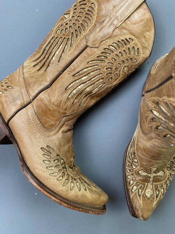 MADE IN MEXICO Y2K ANGEL WINGS & CROSS CUT-OUT & INLAY DESIGN, LEATHER COWBOY BOOTS