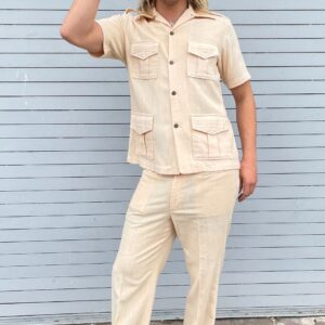 Photo detail:1970S CRINKLED GUAYABERA STYLE HAVANA SHIRT & MATCHING PANTS SUIT BRAIDED DETAILS & COCONUT BUTTONS