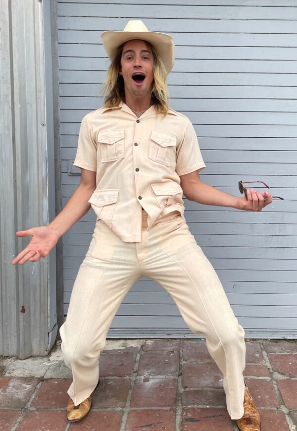 1970S CRINKLED GUAYABERA STYLE HAVANA SHIRT & MATCHING PANTS SUIT BRAIDED DETAILS & COCONUT BUTTONS