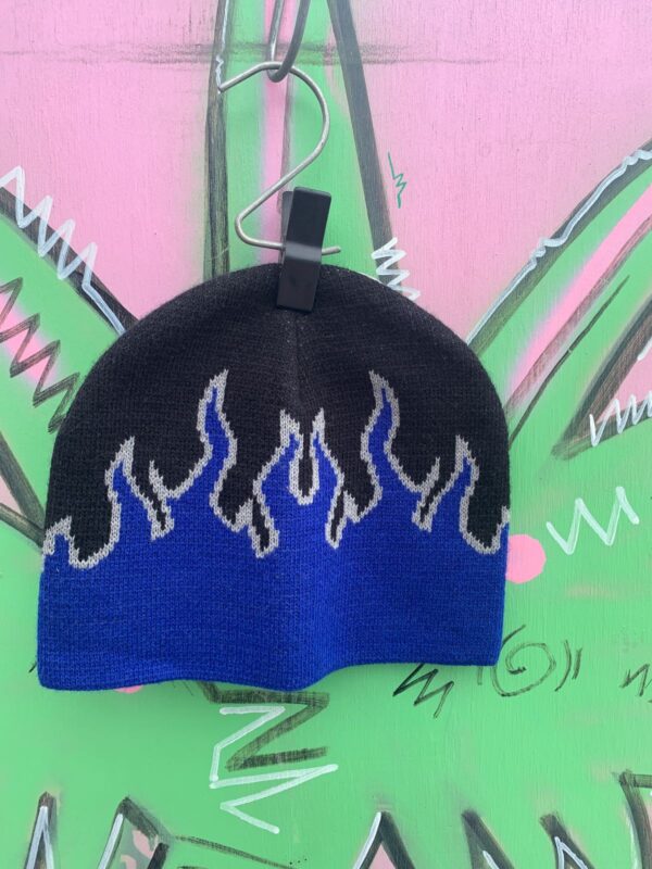 Y2K BLUE FLAME KNIT BEANIE HAT - NWT