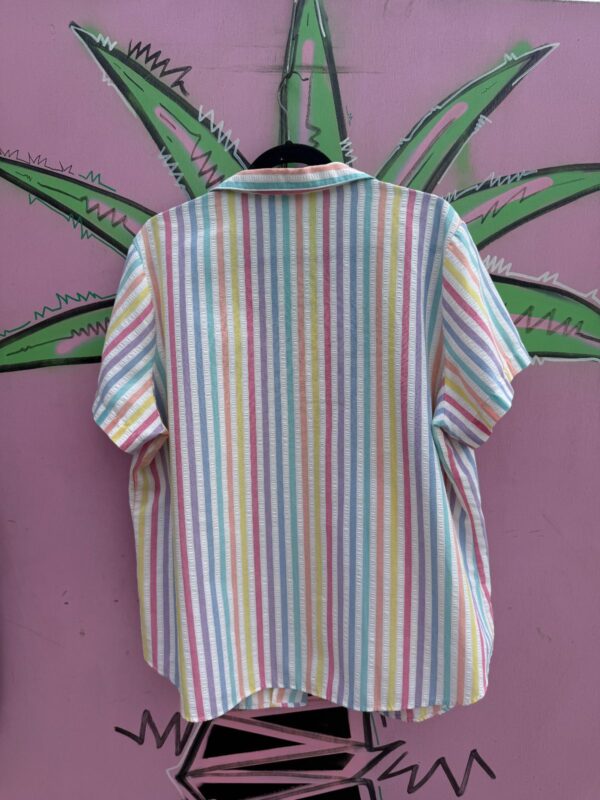 CUTE! *AS-IS* 1970S-80S VERTICAL STRIPE PASTEL RAINBOW BUTTON UP SHORT SLEEVE SHIRT