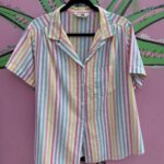 CUTE! *AS-IS* 1970S-80S VERTICAL STRIPE PASTEL RAINBOW BUTTON UP SHORT SLEEVE SHIRT