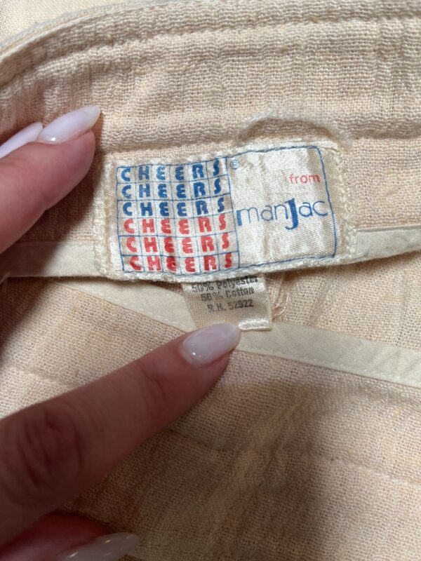 1970S CRINKLED GUAYABERA STYLE HAVANA SHIRT & MATCHING PANTS SUIT BRAIDED DETAILS & COCONUT BUTTONS