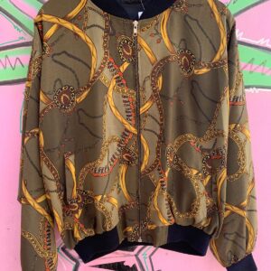 Photo detail:COOL! DARK GOLD CHAIN PRINT SILKY BOMBER JACKET RIBBED COLLAR & CUFFS