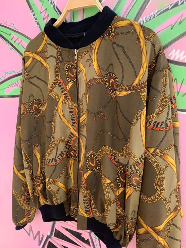 COOL! DARK GOLD CHAIN PRINT SILKY BOMBER JACKET RIBBED COLLAR & CUFFS