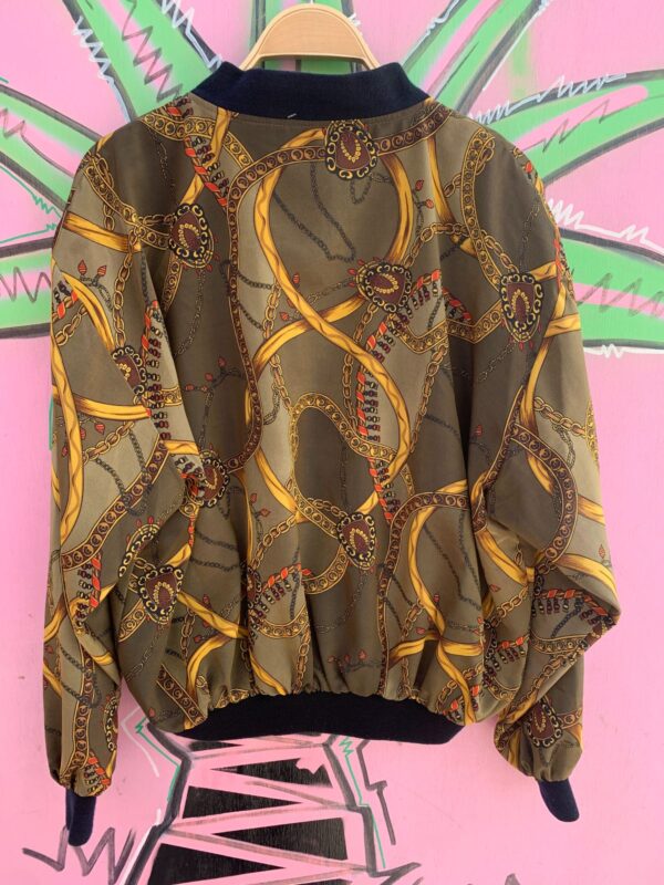 COOL! DARK GOLD CHAIN PRINT SILKY BOMBER JACKET RIBBED COLLAR & CUFFS