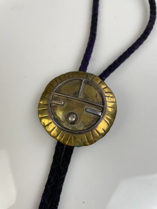 RAD! BRASS & STERLING ZUNI SUNFACE BOLO TIE VELOUR CORD