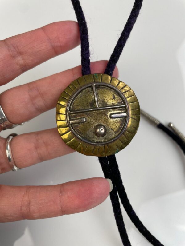 RAD! BRASS & STERLING ZUNI SUNFACE BOLO TIE VELOUR CORD