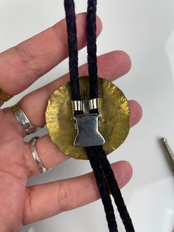 RAD! BRASS & STERLING ZUNI SUNFACE BOLO TIE VELOUR CORD