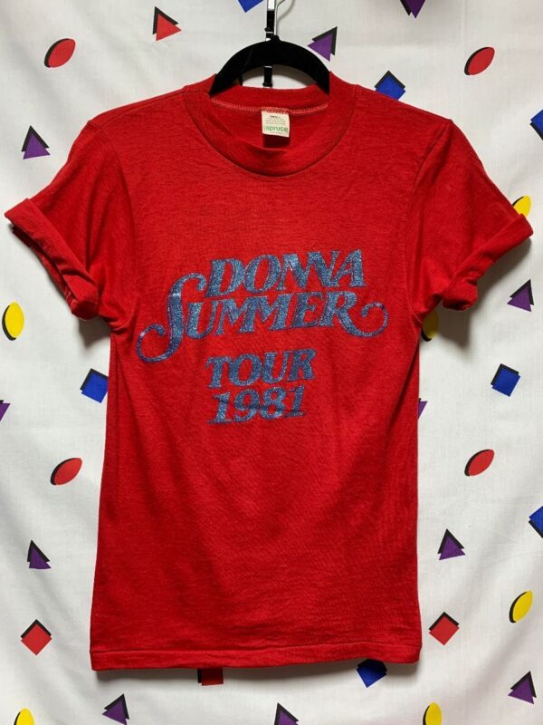 DEADSTOCK DONNA SUMMER BLUE GLITTER METALLIC TOUR 1981 SUMMER IS BACK GRAPHIC T SHIRT
