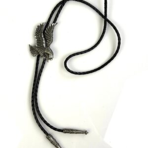 Photo detail:ETCHED PEWTER FLYING EAGLE DESIGN BOLO TIE, BRAIDED LEATHER CORD, SIGNED 89