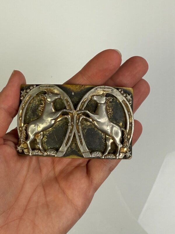 HORSES & HORSESHOES DISTRESSED GOLD PLATED BRASS BELT BUCKLE