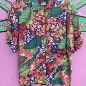Photo detail:TROPICAL FLORAL RAYON SHORT SLEEVE BUTTON UP BLOUSE