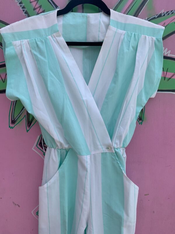 *AS-IS* CUTE SEAFOAM CAP SLEEVE VERTICAL STRIPED JUMPSUIT