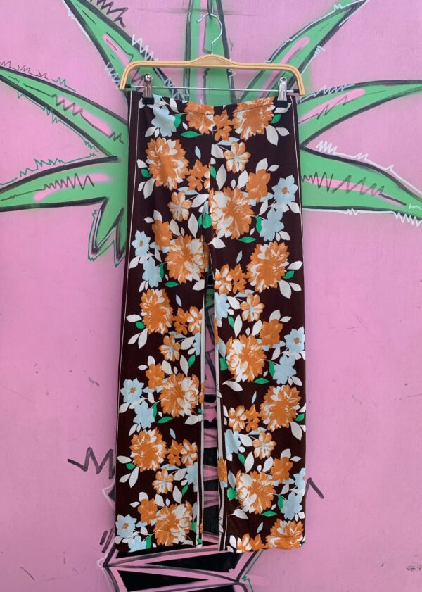LOVE! FLORAL & BROWN VERTICAL STRIPE PRINT POLYESTER PANTS