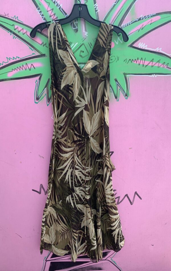 *AS-IS* 1990S | Y2K SHEER SILKY PALM PRINT SLEEVELESS MAXI DRESS