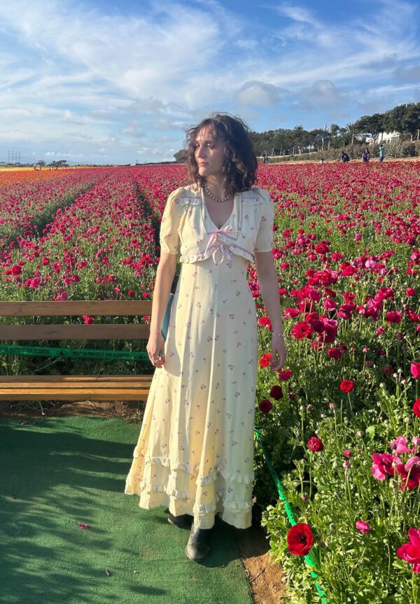 SO SWEET! FLOOR LENGTH EMPIRE WAIST DITSY FLORAL PRINT MAXI DRESS RUFFLED DETAILS & MATCHING CAPELET TOP