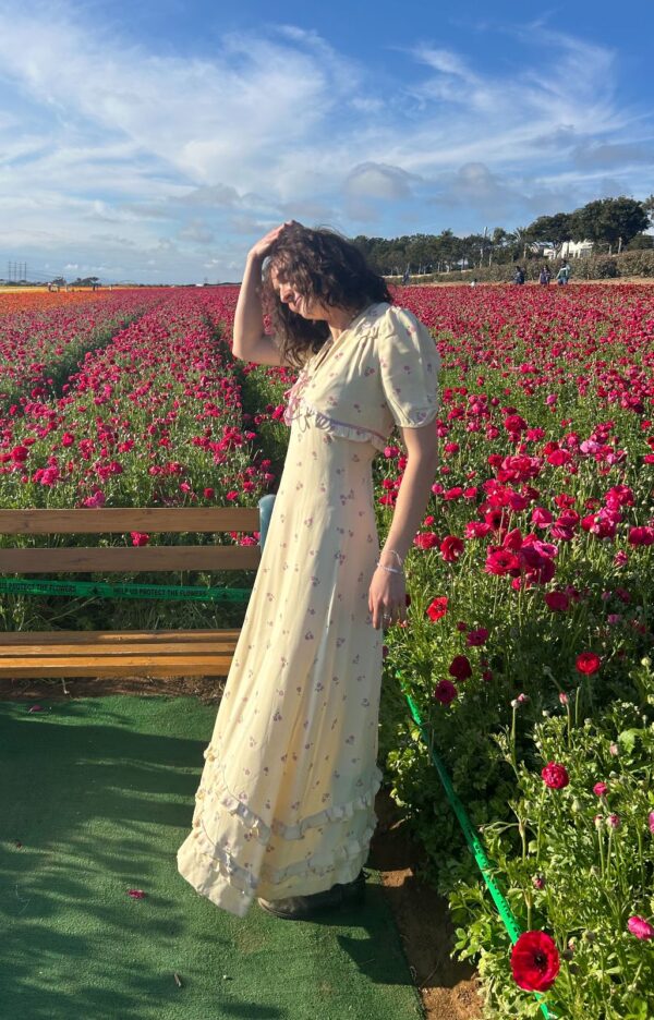 SO SWEET! FLOOR LENGTH EMPIRE WAIST DITSY FLORAL PRINT MAXI DRESS RUFFLED DETAILS & MATCHING CAPELET TOP