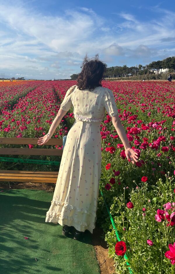 SO SWEET! FLOOR LENGTH EMPIRE WAIST DITSY FLORAL PRINT MAXI DRESS RUFFLED DETAILS & MATCHING CAPELET TOP