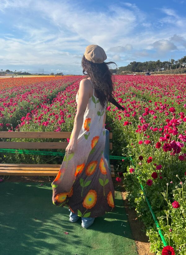 WOWW! 1970S NYLON POLKADOT HALFTONE PSYCHEDELIC FLOWER-POWER PRINT MAXI DRESS