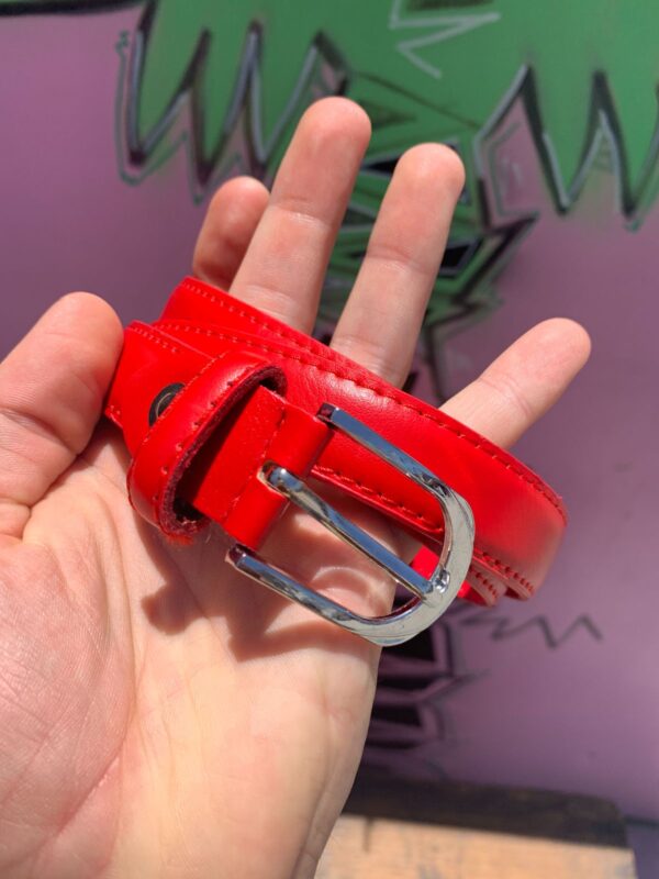 BASIC FAUX LEATHER LIPSTICK RED NARROW BELT, SILVER BUCKLE