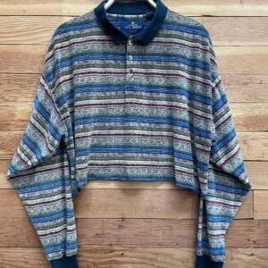 Photo detail:CUTE! 1990S FUNKY PATTERN VELOUR COLLARED LONG SLEEVE CROPPED TOP