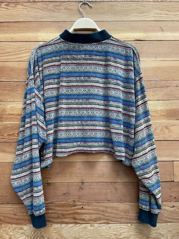 CUTE! 1990S FUNKY PATTERN VELOUR COLLARED LONG SLEEVE CROPPED TOP