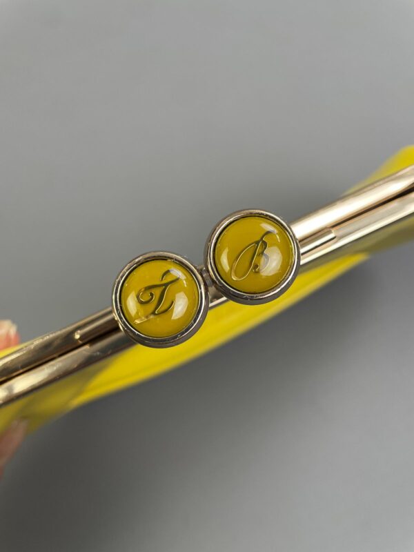 BRIGHT! VINYL LEATHERETTE SNAP CLOSURE CLUTCH, ENAMELED MONOGRAM