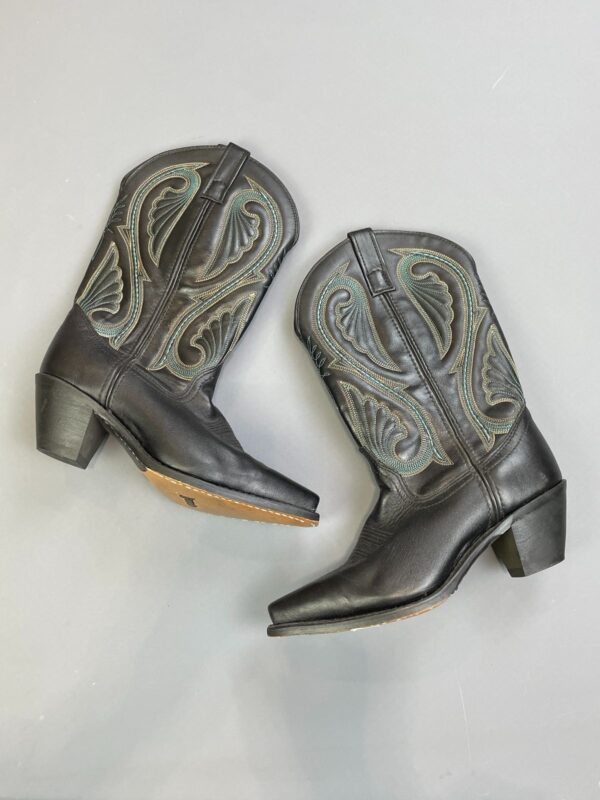 CUTE! BLUE & YELLOW EMBROIDERED POINTED TOE BLACK LEATHER COWBOY BOOTS