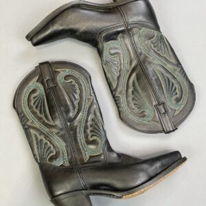 Photo detail:CUTE! BLUE & YELLOW EMBROIDERED POINTED TOE BLACK LEATHER COWBOY BOOTS
